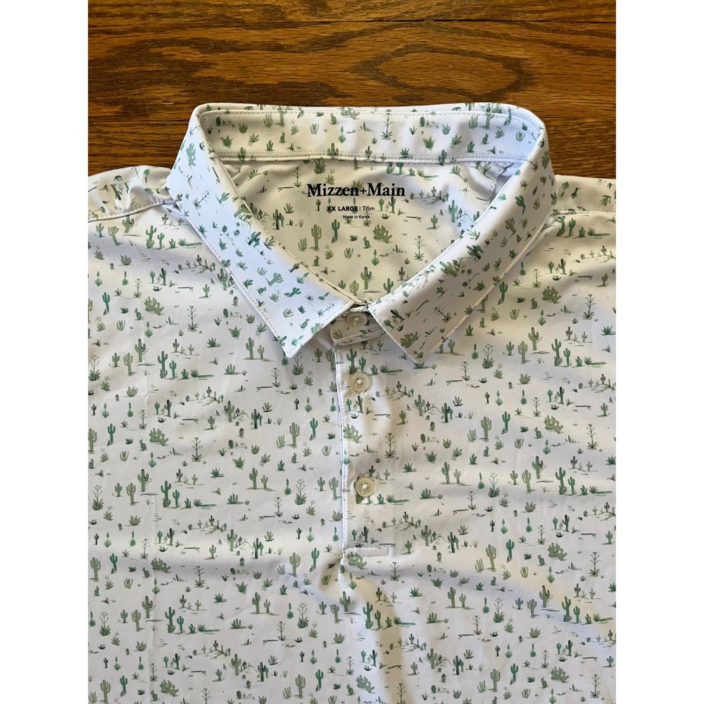 Mizzen + Main Mens Trim Fit Cactus Print Performance Polo Shirt White XXL